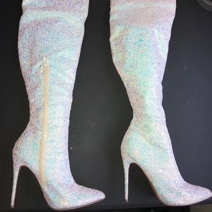 Thigh High Stiletto Boots White Sparkles